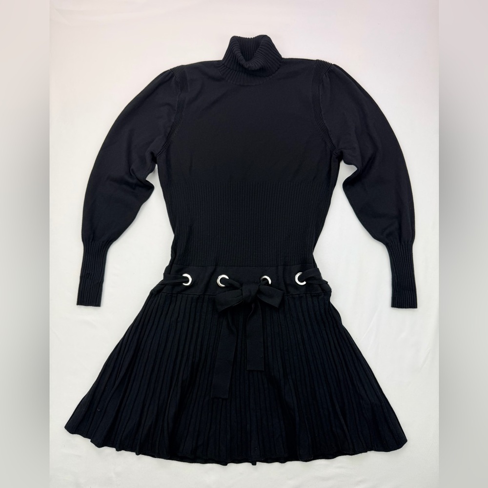 2000s Venus Drop Waist Micro Pleat Turtle Neck Grommets Tie Sweater Dress XL - Picture 5 of 16